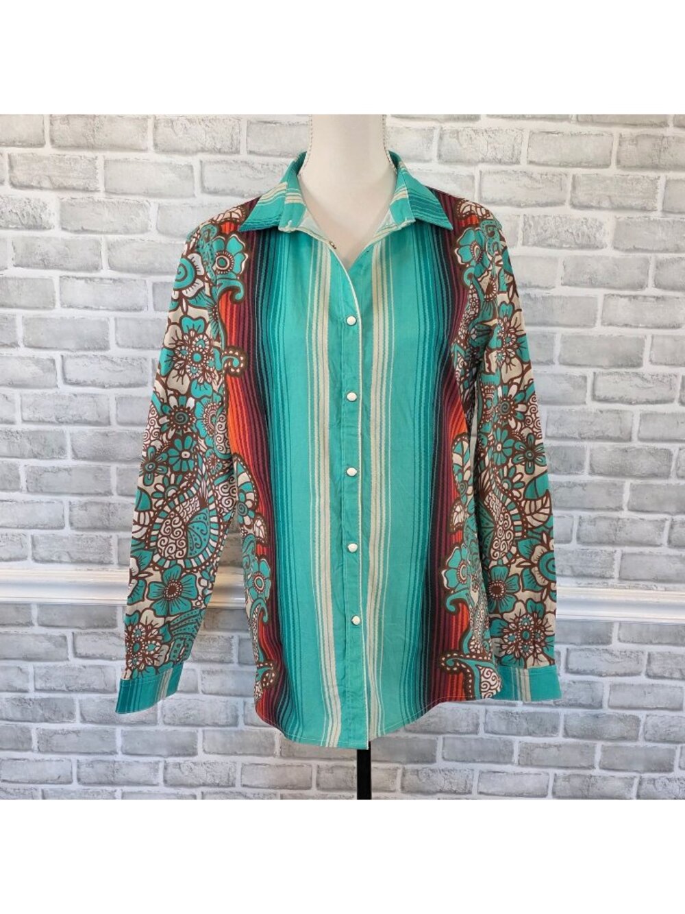 Ranch Dress’n XL Western Shirt Teal Turquoise Abstract 100% Cotton Rodeo Snap U